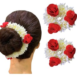 Generic CreativeZone Traditional Indian Hair accessories White Gajra with Rose Hair Accessories for Women Girls |Red Rose & White Mogra|Pack of 2