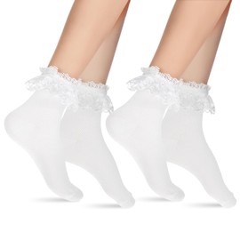 APLZGMG 2 Pairs Lace Ruffle Frilly Socks for Women, White Dress Socks Comfortable Lace Ankle Socks Princess Style Lace Socks