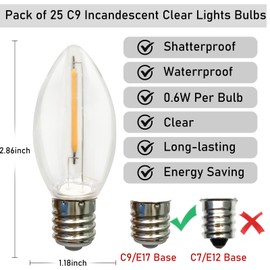 Abeja 25 Pack C9 LED Christmas Light Bulbs, C9 Warm White Replacement Lights Bulbs, 0.6W E17 Intermediate Base C9 Shatterproof LED Bulbs for Christmas String Lights