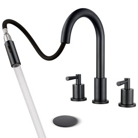 FELIXBATH Bathroom Faucet with Sprayer, Matte Black Bathroom Faucet 3 Holes, Widespread Sink Faucets 2 Handles, Pull Down Vanity Faucets with Pop Up Drain and Supply Lines