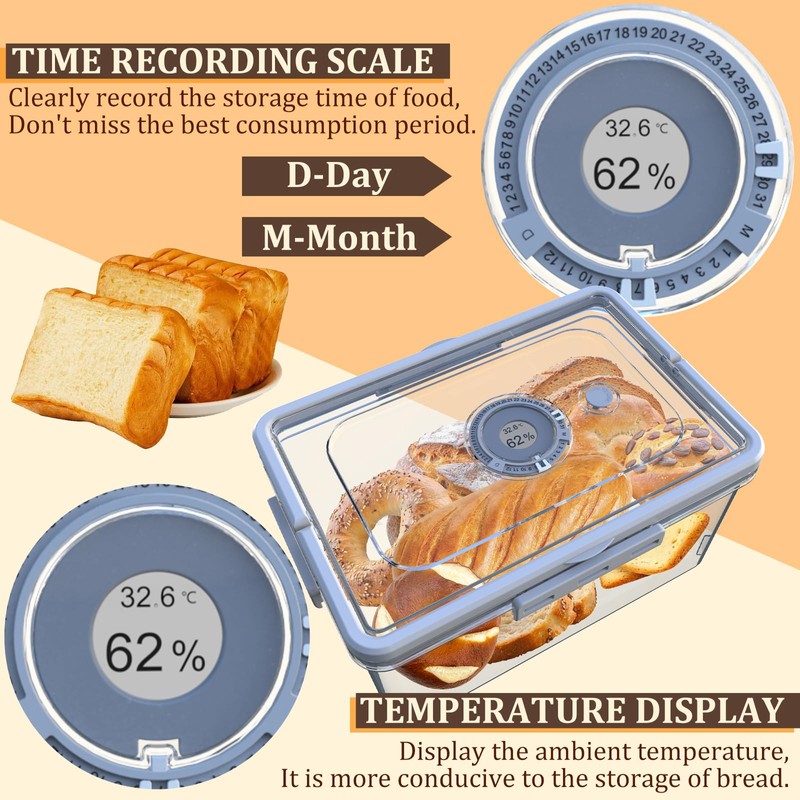 Bread Box with Digital Hygrometer,Bread Boxes with Lid and Handle,Time