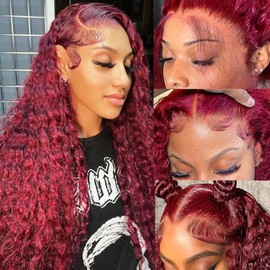 28 Inch 99j Burgundy Lace Front Wigs Human Hair 13x4 Deep Wave Lace Front Wigs Human Hair Pre Plucked Wet Wavy Red Colored Curly Human Hair Wig 180% Density HD Transparent Lace Frontal Wig for Women