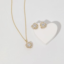 Meissa Silver Heart Necklace and Earrings Jewellery Sets for Women Gold Plated Necklace Stud Earrings Dainty Diamond Wedding Jewellery Sets, Gold