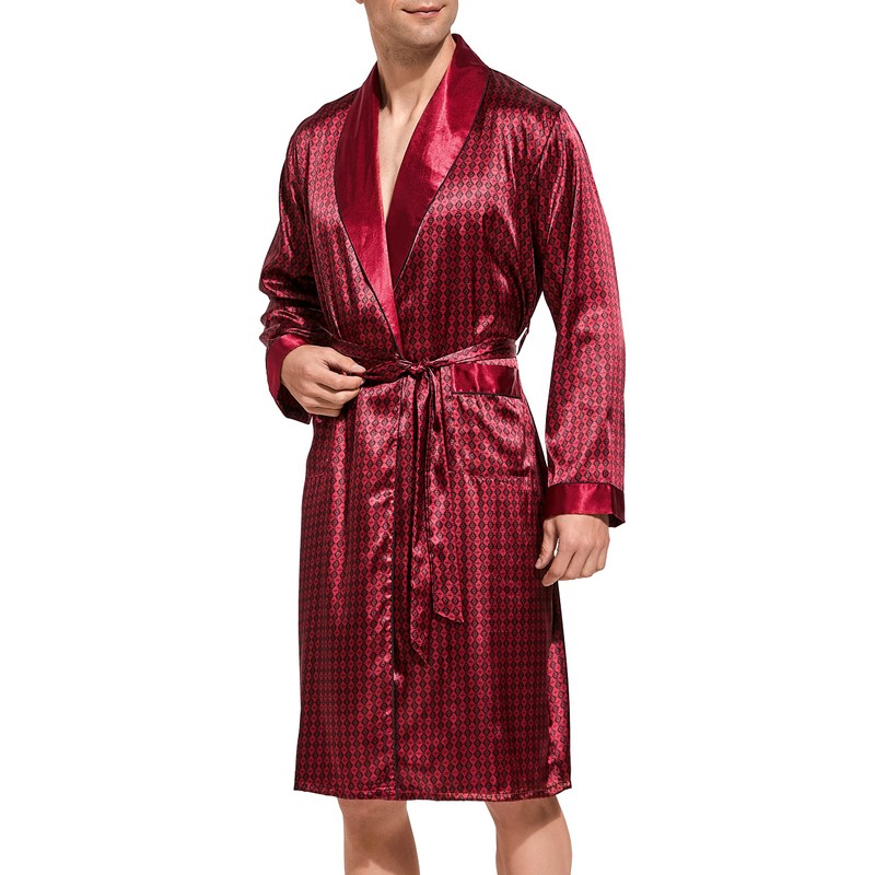 Men's Satin Bathrobe, Lightweight Silk Long Sleeve Bathrobe with Shorts