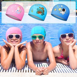 Pack of 3 Children's Swimming Cap Mermaid Astronaut Dinosaur Swimming Cap Stretchy Waterproof Swimming Cap for Children Aged 5-14 Boys Girls Long Short Curly Hair 3 Styles