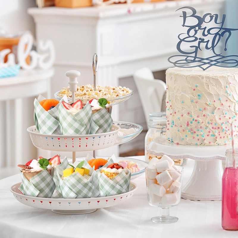 Maxdot 200 Pcs Sage Green Plaid Tulip Cupcake Liners for