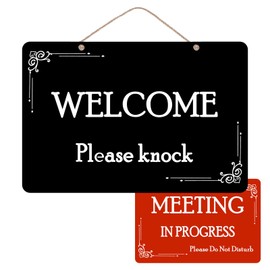 Meeting in Progress Sign,Do Not Disturb Sign,In Session Office Door,Welcome Please Knock Reversible Sign for Business Home Office Meeting, Privacy Home Door Hanger Sign（12 X 8 Inches,Acrylic)