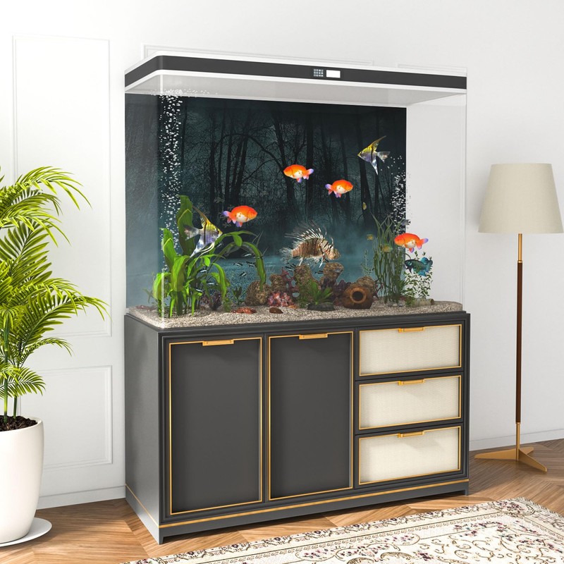 MIRRORANG 61x30cm Dark Scary Aquarium Background Trees Road Mist Horror