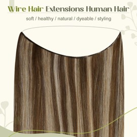 Fshine Hair Extension, Invisible Wire, Human Hair, Brown and Blonde, Streaks, Silky, 40 cm/16 cm, Remy Hair Extensions, 80 g