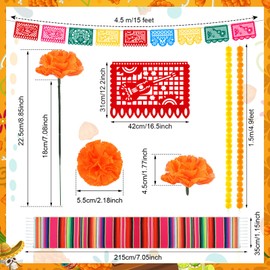 Retrowavy 112 Pcs Day of the Dead Decoration Sets 100 Artificial Marigold Bulk 2 Pcs 5ft Artificial Marigold Garland 9 Plastic Banners 1 Blanket Table Runner for Day of the Dead Party Supplies Decor