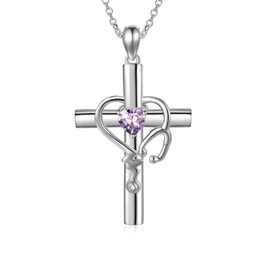 SLIACETE 925 Sterling Silver Stethoscope Cross Necklace with Birthstone for Women Girls Medical Student Graduation Jewelry Gifts for Nurses Doctors, June