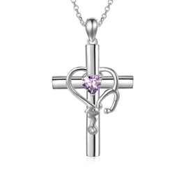 SLIACETE 925 Sterling Silver Stethoscope Cross Necklace with Birthstone for Women Girls Medical Student Graduation Jewelry Gifts for Nurses Doctors, June