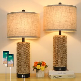 BesLowe 26" Farmhouse Table Lamp for Bedroom, Set of 2 Bedside Table Lamps with Handmade Seagrass Base and 2 USB Ports, Rustic Rattan Nightstand Lamps for Coastal Living Room Home