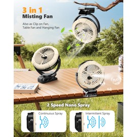 Ausic 3-in-1 Portable Clip on Fan with Misting & LED Lights & Hook, 100ML Baby Stroller Fan, 5200mAh Rechargeable Battery Operated & 360° Rotation & 3 Speeds for Table Outdoor Travel Camp Golf Cart