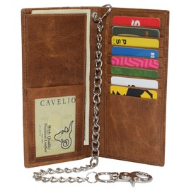 Genuine Leather Men's Chain Biker Wallet Long Bifold Checkbook RFID Blocking Wallets for Men (Tan with Chain)