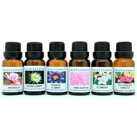 Crazy Candles 6 Bottle Set: Magnolia, Moonflower, Passion Flower, Pink Chiffon, Plumeria, Polynesian Hibiscus 1/2 FL Oz Each (15ml) Premium Grade Scented Fragrance Oil