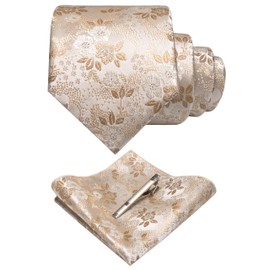 JEMYGINS Men's Floral Ties and Pocket Square Sets with Tie Clip Available in Various Colours, Champagne/Walnut Shell