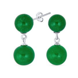 Classic Simple Gemstone Dangle Double Round Genuine Green Jade 2 Drop Ball Earrings For Women .925 Sterling Silver 10MM