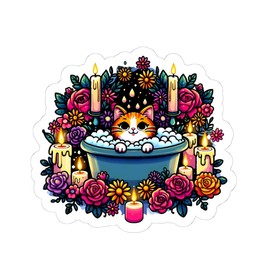 Bubble Bath and Candles Cat Kitten Sticker Cottagecore Floral Kawaii Car Laptop Water Bottle Decal 4" 6" Vinyl