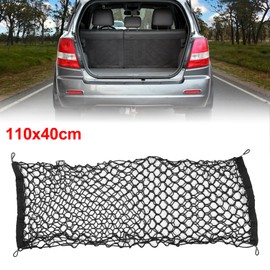 X AUTOHAUX 1 Set Universal Car Trunk Seat Back Elastic Mesh Rear Cargo Net Pickup Van Hammock Luggage Storage 4 x Hook 4 x Button Hole 4 x Screws 43.3"x15.7"