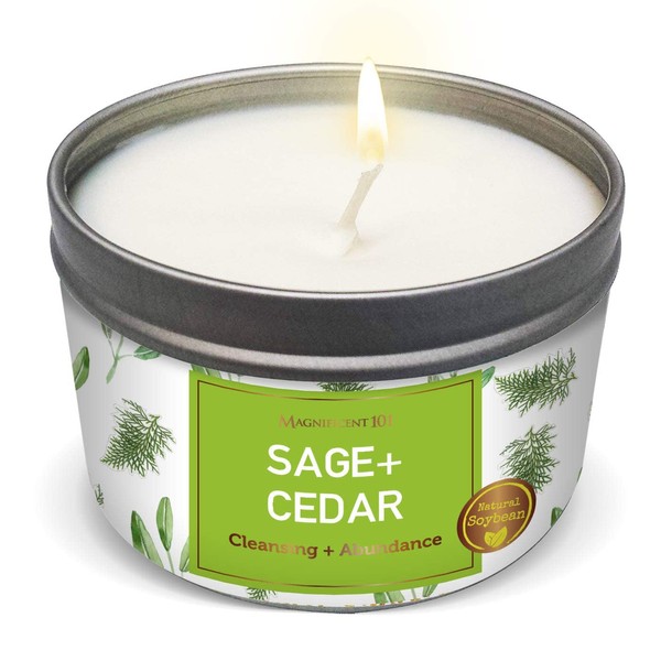 Magnificent 101 Long Lasting Sage + Cedar Smudge Candle | 6 Oz - 35 Hour Burn | All Natural & Organic Soy Wax Candle for Energy Cleansing & Manifestation | Let Abundance Flow Like an Endless River