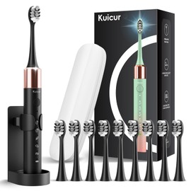 Kuicur Sonic Electric Toothbrush for Adults and Kids, Comes with 10 Brush Heads & Travel Case, 5 Modes with 2 Minutes Built in Smart Timer, One Charge for 90 Days, 42,000 VPM Motor (Black)