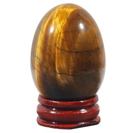 Fekuar Stone Egg Figurine, Polished Healing Crystal Easter Eggs Sphere Sculpture with Wood Stand, Natural Tiger's Eye Stone, 1.8"
