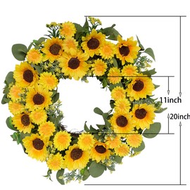 Bibelot - Corona de girasol artificial de 20 pulgadas, corona de girasol, margaritas amarillas y hojas verdes, corona de primavera y verano, puerta frontal para interiores y exteriores, decoración de pared para ventanas de boda