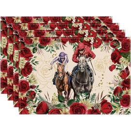 Generic UNITEDSTA 6 Pack Place Mats for Kentucky Derby Horse Day, Rose-Edge Horses Race Theme, White, Red, Green
