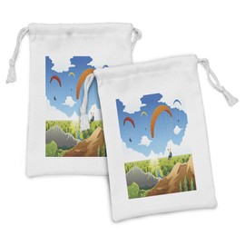 Lunarable Cartoon Fabric Pouch Set of 2, Parachute Landscape Mountain River Clouds Palm Trees Image Landscape, Small Drawstring Bag for Toiletries Masks and Favors, 9" x 6", Multicolor