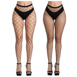 CHRORINE 2 Pack Fishnet Stockings Women High Waist Tights 2 Styles Fishnet Tights Pantyhose (Black)
