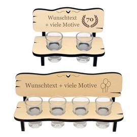 Geschenkissimo Schnapsbank Geburtstag Geschenk - Gravur mit Name + Spruch - mit 2 oder 4 Schnapsgläsern, personalisiertes Geburtstagsgeschenk für Frauen und Männer - Happy Birthday