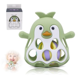 Farout Penguin Rattle - Teething Ring Baby & Montessori Toy - Oball Motor Skills Toy Baby Rattle for Newborns & 0-6 Months - Baby Toy from 3 Months, Gift for Boys & Girls (Olive)