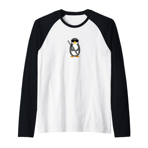Funny Penguin Wearing Sunglasses Playing Bassoon Raglan Baseball Tee