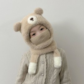 Kids' Teddy Bear Balaclava Winter Hat with Integrated Neck Warmer Mask, Fleece-lined, LF3583 - One Size Jjomuljjomul Bear - Pink 3ea