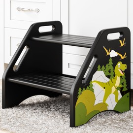 AMBIRD Toddler Step Stool, Dinosaur Step Stool for Kids with Non-Slip Pads, Wooden Two Step Stool, Portable Potty Training Stool with Handles for Bathroom, Sink, Kitchen, Bedroom