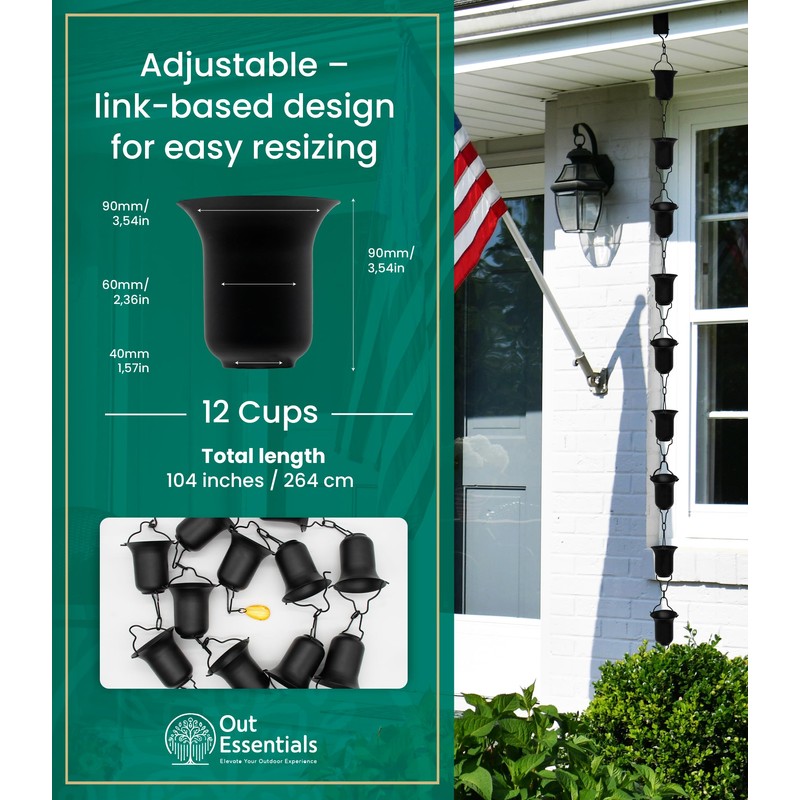 OUT ESSENTIALS Black Rain Chain for Gutters for Heavy Rain