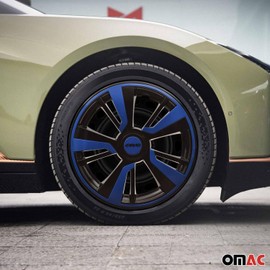 OMAC - Black with Dark Blue Hub Caps 16 Inch Set of 4, Tapas para Rines 16, Premium Wheel Covers 16 Inch, R16 Rim Cover Set, Snap On Durable Car Replacement Exterior Accessories