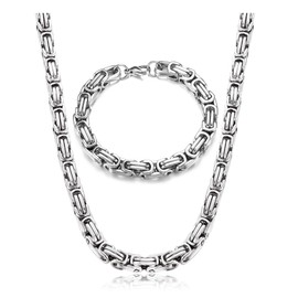 Krfy Chain and Bracelet Set Men's Stainless Steel Byzantine Chain Silver 8 mm Wide Byzantine Plate Chain Thick Heavy Chain Hip Hop Punk Jewellery for Men Boys Length 51/61/71 cm, Stainless Steel, No