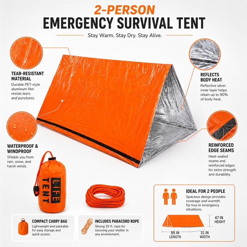 2-Person Emergency Tent for Camping – Waterproof Thermal Survival Shelter