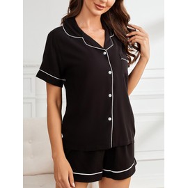 MAIABLEAU Womens Button Down Pajama Sets Bride Sleepwear 2 Piece Lounge Sets Short Sleeve Tops and Shorts Black L