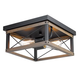 EAPUDUN Flush Mount Light Fixture, 12 inch 2-Light Farmhouse Square Ceiling Light;Rusticin Ceiling Lights with Metal Black and Wood Finish for Living Room Kitchen Dining Room Foyer, FMA1384-FBDT