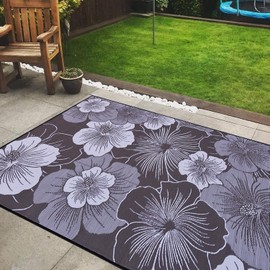 DEK GHIBIS Outdoor Rug for Patio Clearance, 8x10 Waterproof Mat, Reversible Plastic Straw Camping Rugs, Outdoor Indoor RV Mat Carpet for Porch, Deck, Camper, Balcony, Backyard, Grey/White Gray