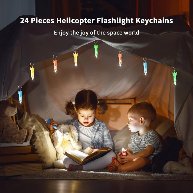 24 Pcs Helicopter Mini Rocket Flashlight Keychain Outer Space Party