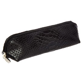 Estuche de lapices pequeño y para plumas de cuero con cierre. Lapicera negra portalápices de piel para oficina, cosméticos, viajes VIANALA VIA-723GP-NE (Negro víbora)