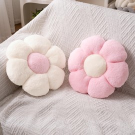 JZNEXD JZNEXD 2 Pcs Flower Pillow Cute Pink Throw Pillows Daisy Flower Shaped Floor Cushions Set, Preppy Decorative Throw Pillows for Girls Bed Bedroom Couch Decor (White & Pink, 15 INCH)