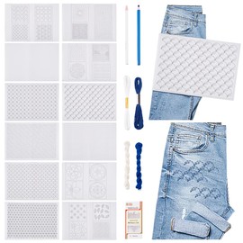 FREEBLOSS 26 Pcs Sashiko Embroidery Pattern Stabilizers Set Water Soluble Embroidery Patterns Sashiko Kit Includes Sashiko Thread Needles and Fabric Sashiko Kit for Beginners Embroidery Lovers