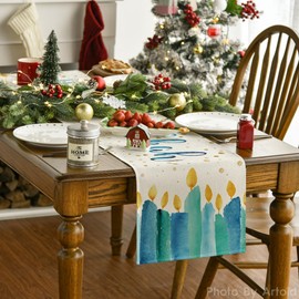 Artoid Mode Watercolor Candle Happy Hanukkah Table Runner, Jewish Menorah Chanukah Holiday Kitchen Dining Table Decoration for Indoor Outdoor Home Party Decor 13 x 108 Inch