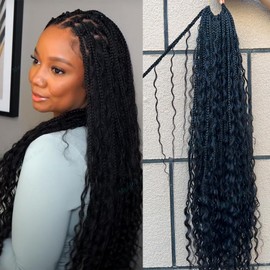 Crochet Boho Box Braids With Human Hair Curls Pre Looped Synthetic Hair Box Braid With Full Deep Wave Ends Crochet Hair Braiding for Black Women 24Inch 80 Strands