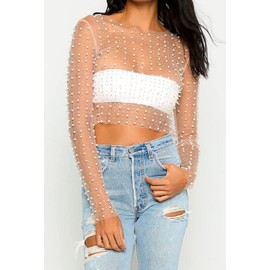 Women's Pearl Rhinestone See Through Long Sleeve Mesh Blouse One Piece Cover Up Crop Tops Nude S